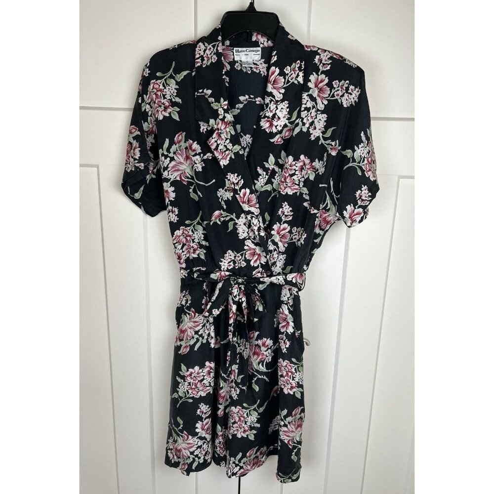 Hattie Carnegie 100% Silk Floral Romper L Deep Navy NWOT Cottagecore Belted Zip